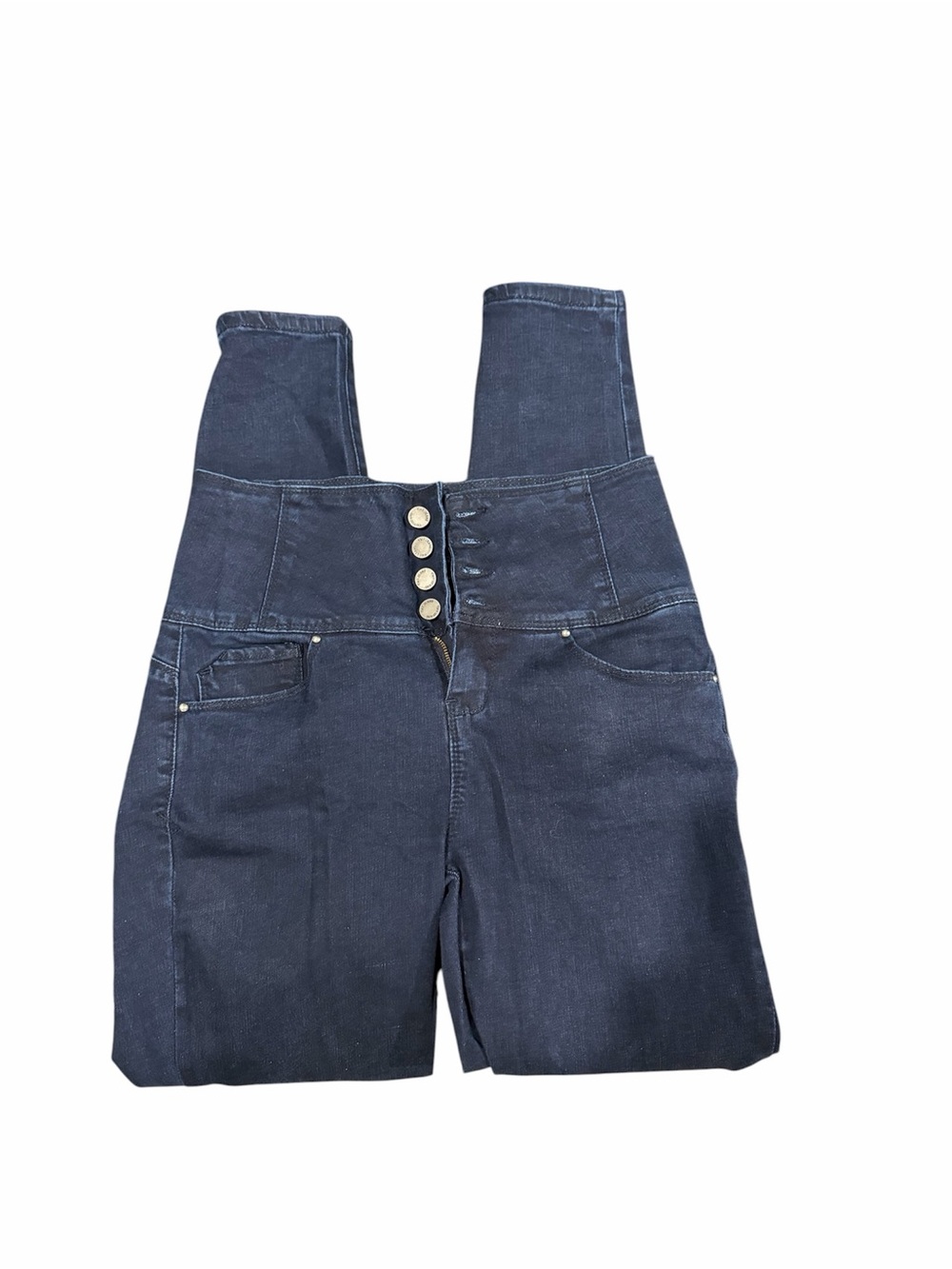 YMI Dark Blue High-Waist Denim Overalls with Button Front